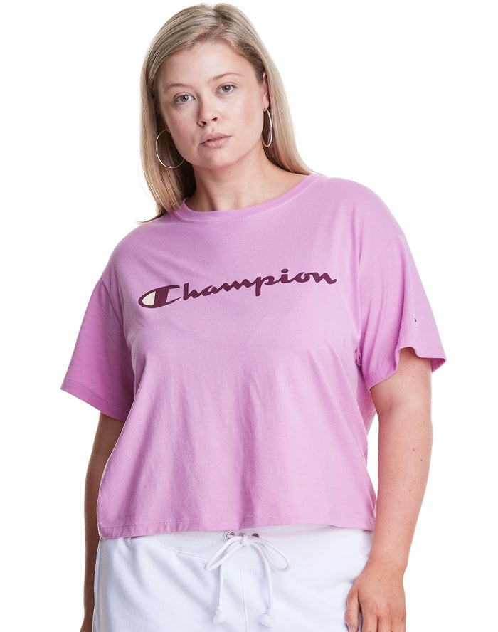 Champion Plus Cropped Script C Logo - Naisten Pinkki T-Paita - Suomi 1382670-XJ